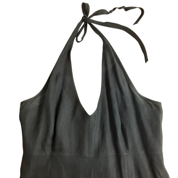 Vintage 90s Black Maxi Dress Halter Tie Neck 100% Linen Back Slit Resort Minimal - Picture 8 of 16